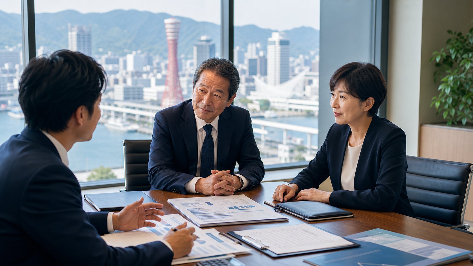 神戸の会議室で神戸の会議室でM&Aの進行に必要な資料を確認する風景