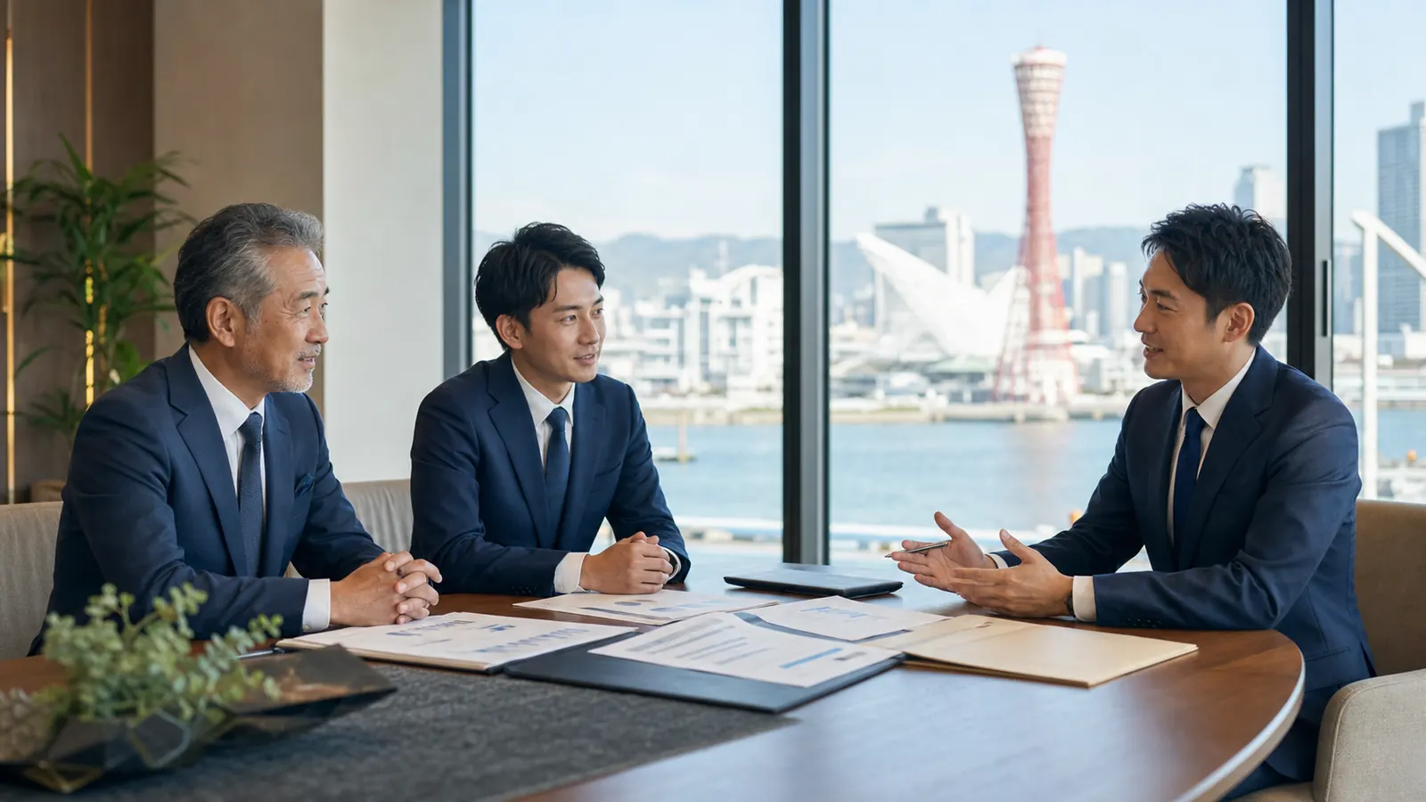 神戸の会議室で会社譲渡の初回相談を行う様子