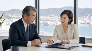 神戸港を望むオフィスで会社売却の計画を確認する経営者とアドバイザー