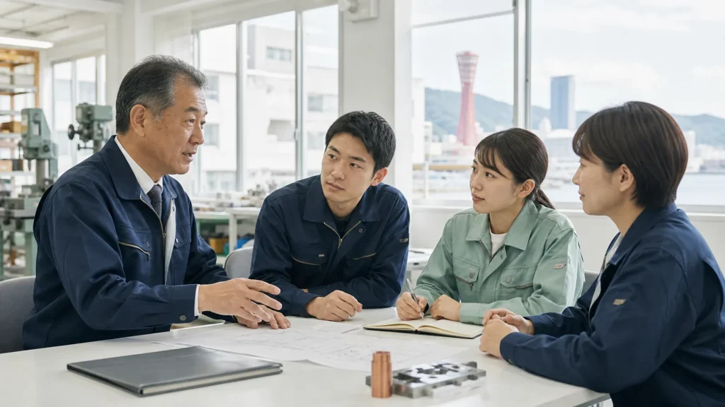 神戸の工場で事業承継後の雇用について話し合う経営者と従業員