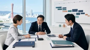 神戸のオフィスでM&Aの流れと必要資料を確認する経営者と専門家
