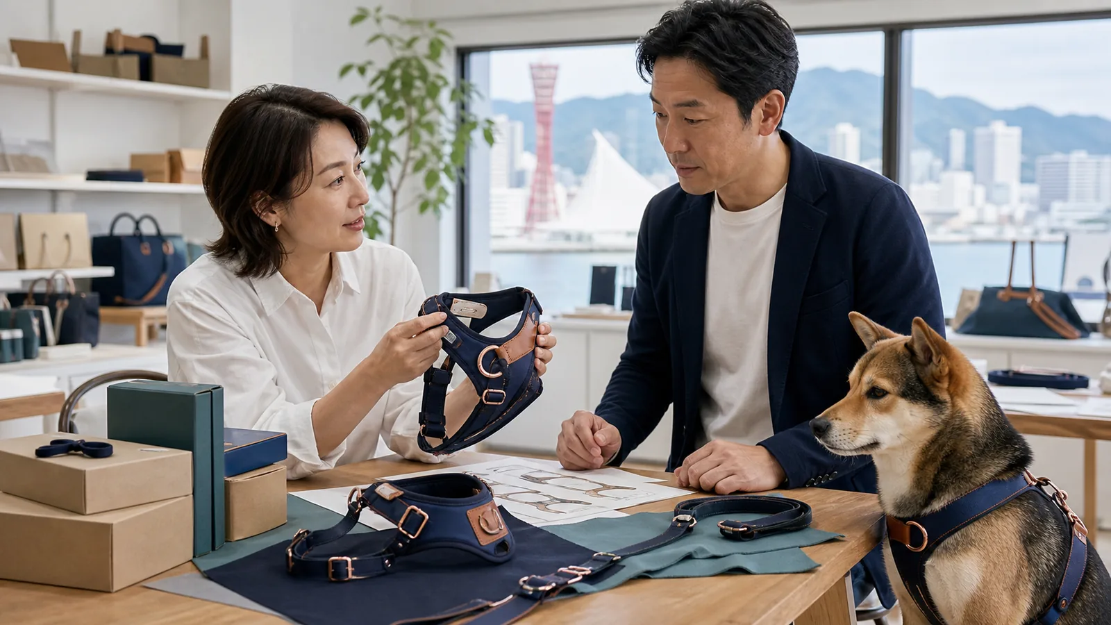 犬用ハーネスの商品設計とブランド承継を確認する事業者のイメージ