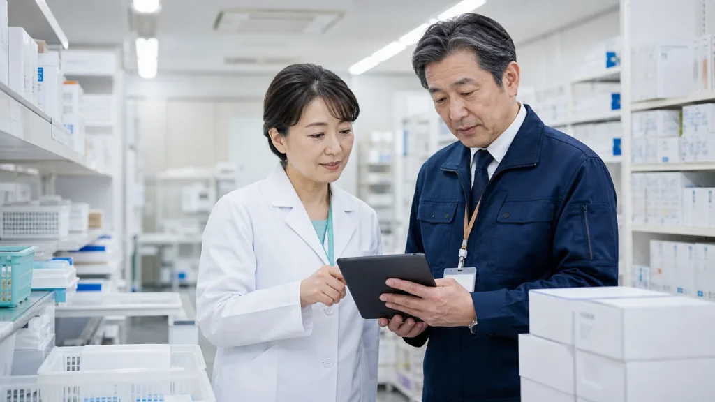 医薬品物流施設で在庫と供給継続を確認する管理者のイメージ