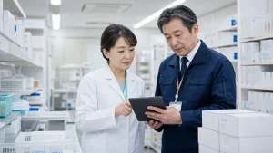 医薬品物流施設で在庫と供給継続を確認する管理者のイメージ
