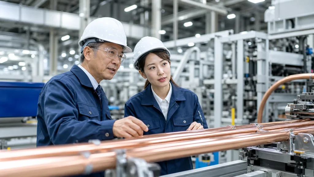 銅管製造ラインで設備と品質承継を確認する工場責任者と技術者のイメージ