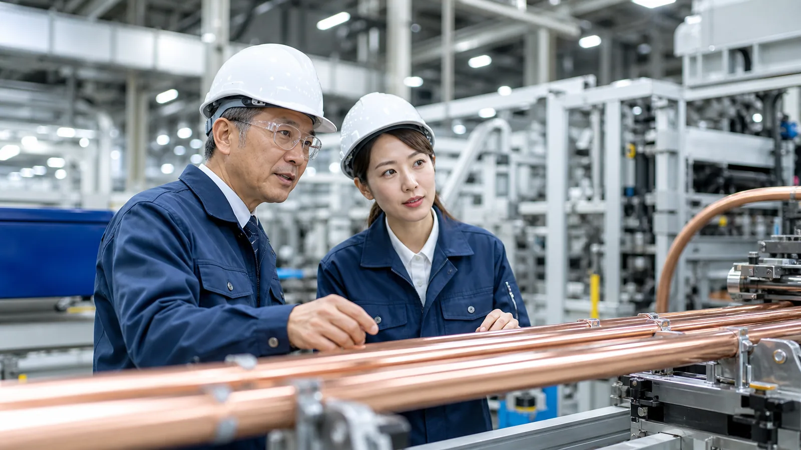 製造業 M&Aで銅管製造ラインの設備と品質承継を確認する工場責任者と技術者
