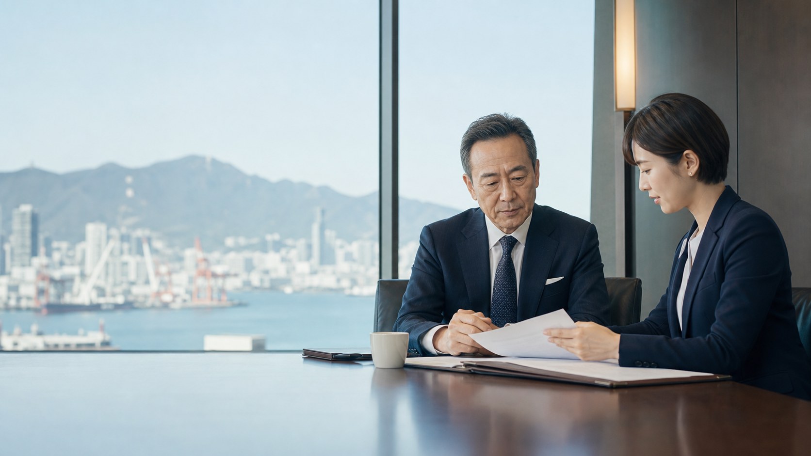 神戸港を望む会議室で会社の事業承継を相談する企業経営者とM&A担当者