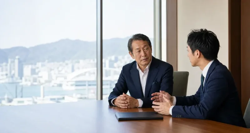 神戸の会議室で会社譲渡について相談する企業オーナーとM&Aアドバイザー
