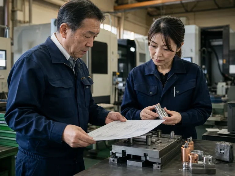 神戸の部品加工工場で図面と加工部品を確認する経営者と現場責任者