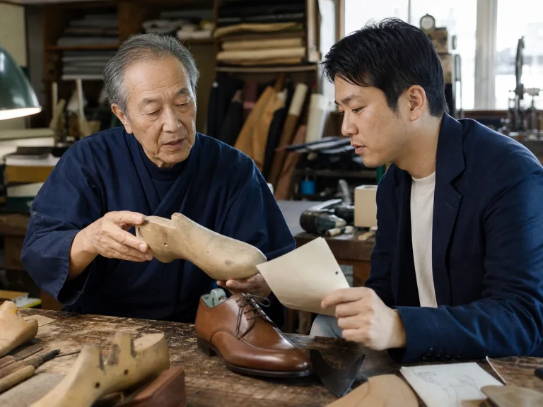 神戸・長田の靴工房で木型と製品を確認する職人と次世代担当者