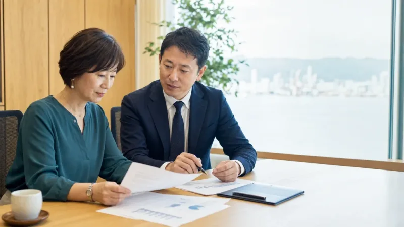 神戸の企業オーナーとM&Aアドバイザーが譲渡資料を確認する様子