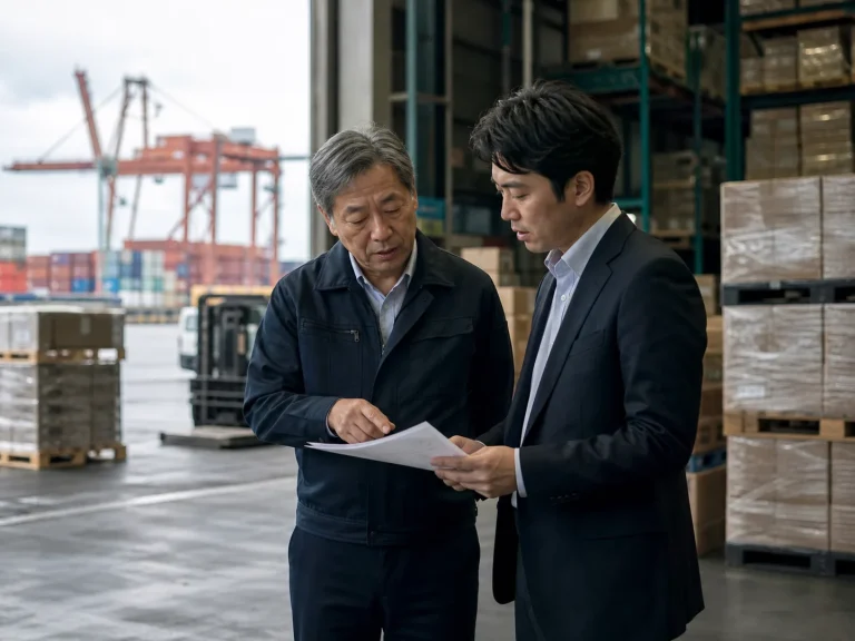 神戸港周辺の倉庫で物流の引き継ぎ計画を確認する企業オーナーと担当者