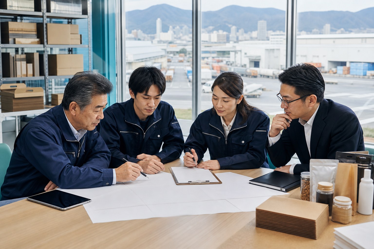 神戸の事業現場で承継後の運営計画を確認する経営者・後継者・担当者